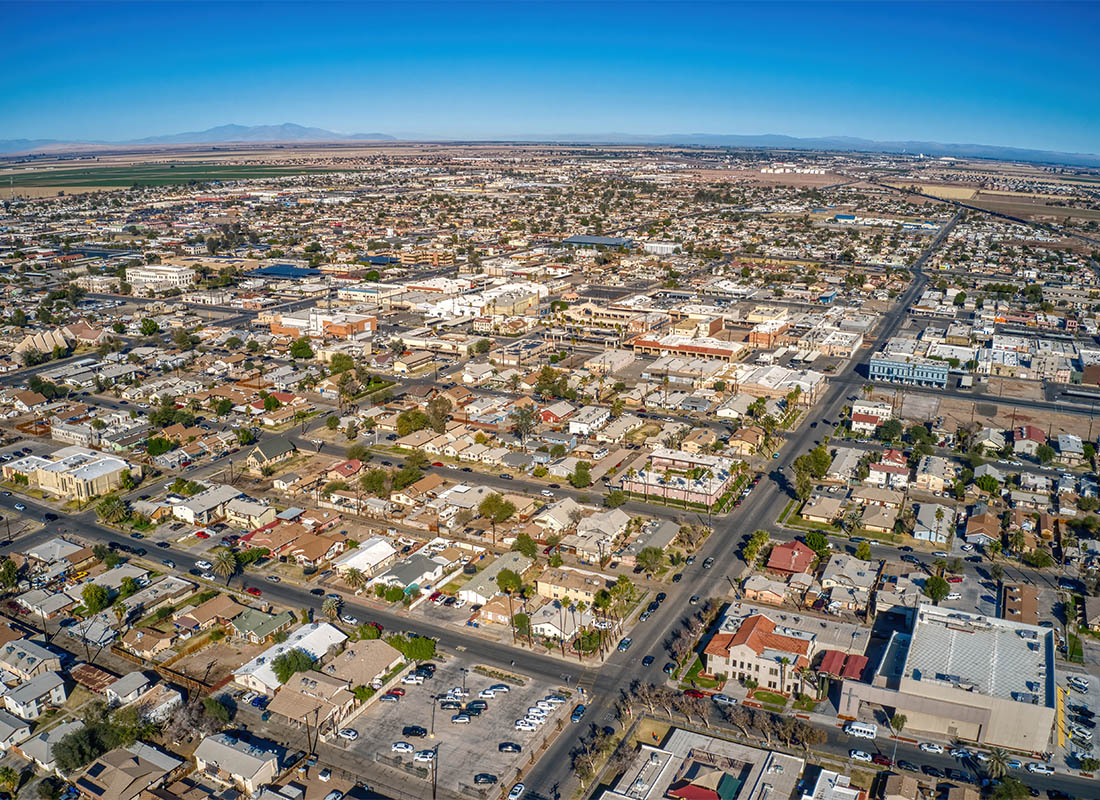 El Centro, CA - Beautiful Aerial View of Downtown El Centro, California in the Imperial Valley Overlooking the Town